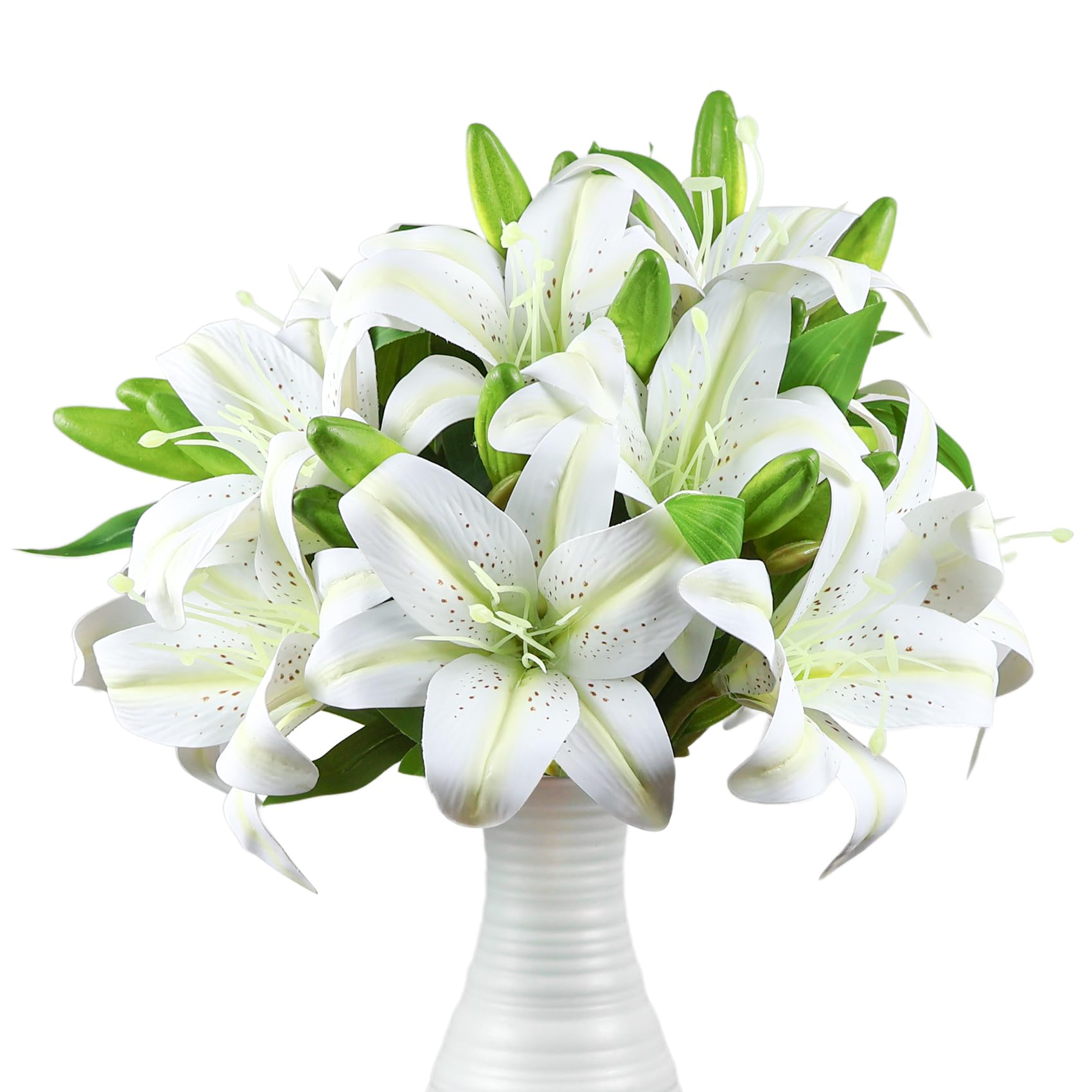 Ikosora 12 Pcs White Artificial Lily Flower, Realistic Long Stem Real Touch Stargazer Lily, Faux Lily Flower Fake Floral with Rods for Home Party Wedding Table Centerpiece Garden DIY Craft Decoration