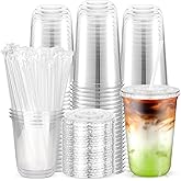 100PCS 16 oz Disposable Plastic Cups with Flat Lids and Clear Straws, Round Bottom To Go Iced Coffee Cups, BPA Free Holiday Cups for Smoothies, Cold Drinks, Coffee Shop, Juice Bars, Christmas Party