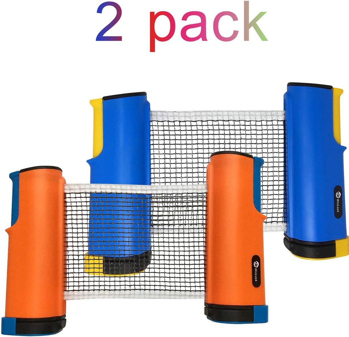 JP WinLook Ping Pong Net - 2 Pack Retractable Table Tennis Nets / Post Set Replacement, Adjustable Any Table Anywhere, Portable Holder Cover Case Bag, Indoor Outdoor Accessories, Bracket Clamps