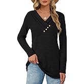 ATHMILE Long Sleeve Shirts for Women Early Fall Fashion Tops 2026 Casual V Neck Button Blouses Tunic Tops for Leggings