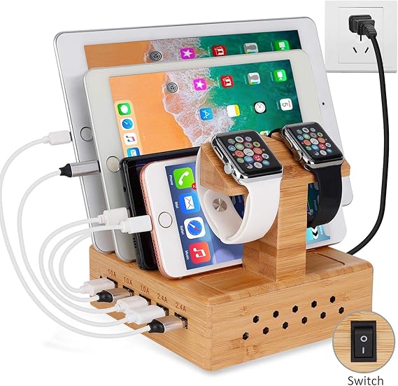 Yisen Handy Wood Bamboo Multi Device Smartphone Charging Station 5Port