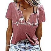 Beach Heartbeat T Shirt for Women Love Heart Graphic Tees Print Shirts Short Sleeve Casual Summer Vacation Tee Tops