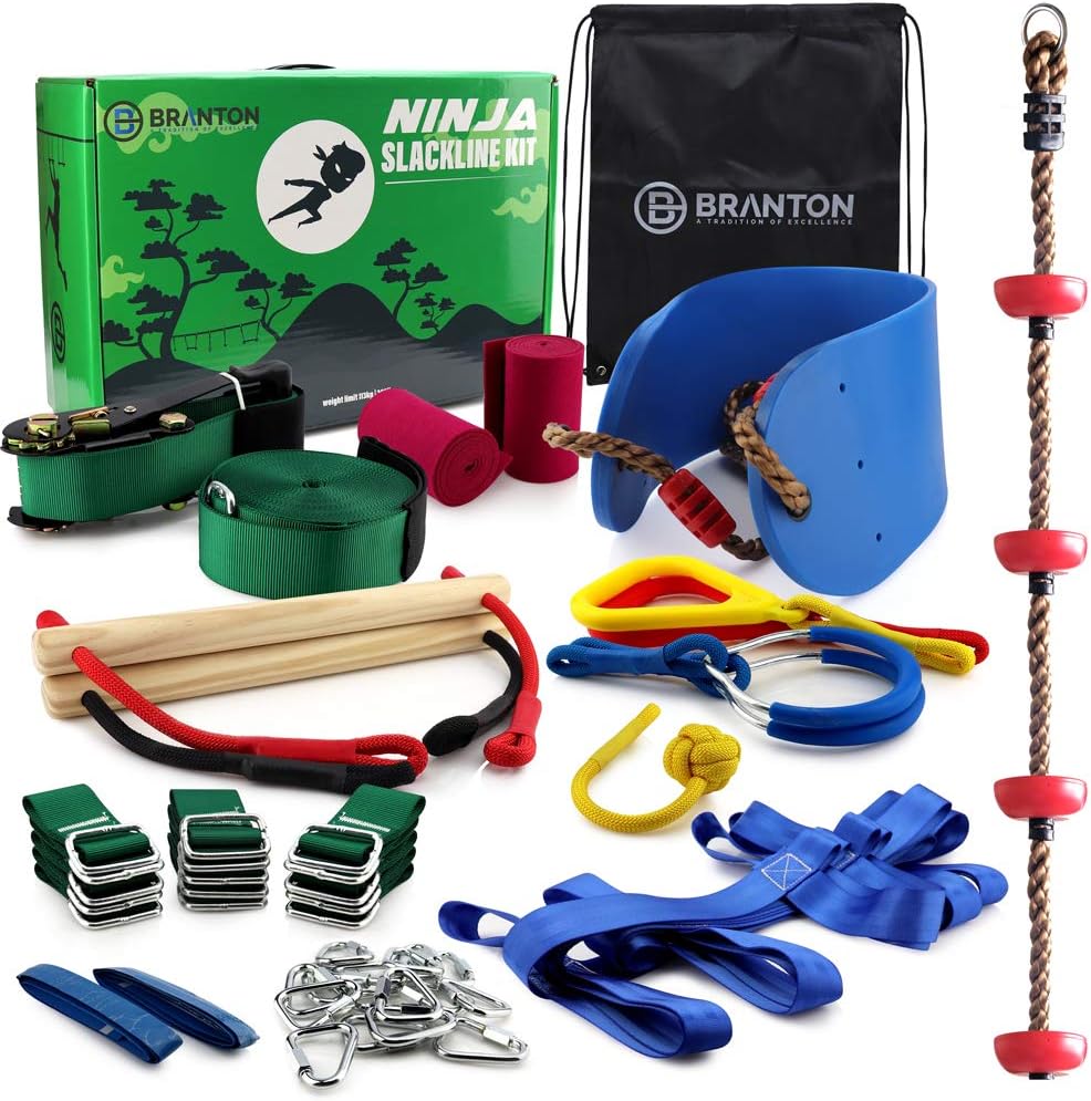 Ninja Warrior Obstacle Course for Kids - Ninja Slackline 50' with 10 Accessories for Kids, Includes Swing, Obstacle Net Plus Grip Tape - Have Fun, Keep Fit and Become a Ninja Warrior - Ninja Line: Toys & Games