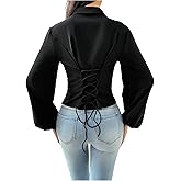 SweatyRocks Women's Lace Up Tie Back Button Down Shirts Bishop Long Sleeve Collared Blouse