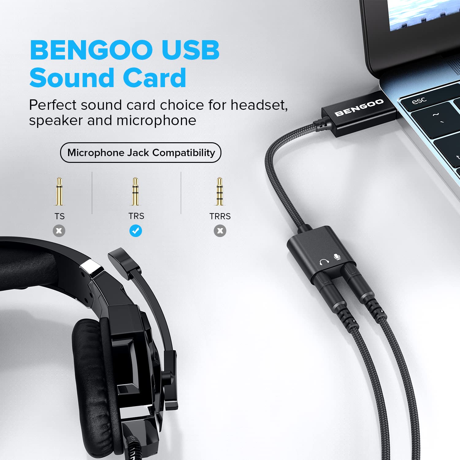BENGOO USB Sound Card Adapter,USB Audio Adapter 3.5mm Jack,External Sound Card with Dual TRS Headphone and Microphone Jack for Windows Mac Linux PC Laptops Desktops PS4 Headsets, Black