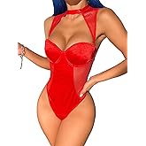 WDIRARA Women's Mesh Cut Out Teddy One Piece Underwire Choker Lingerie Bodysuit