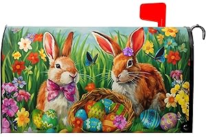 Anyako Easter Bunnies Mailbox Covers Magnetic Standard Size 25.5" X 21",Spring Colorful Eggs Flowers and Butterflys Mailbox Wraps Post Letter Box Easter Cover for Holiday Garden Yard Decor