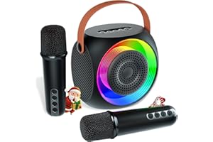 MicPioneer Karaoke Machine for Kids, Mini Bluetooth Karaoke Speaker with 2 Wireless Microphone and LED Lights for Adults, Birthday Gifts for Girls Ages 4, 5, 6, 7, 8, 9, 10, 12+(Black)
