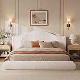 King Size Cloud Bed Frame, Soft Foam Bed with Thick Curved Arched Headboard | Chenille Upholstered Platform Bed with Rounded Corners , Low Profile Floor Bed, Easy Assembly, White (Not Include Box Spring)
