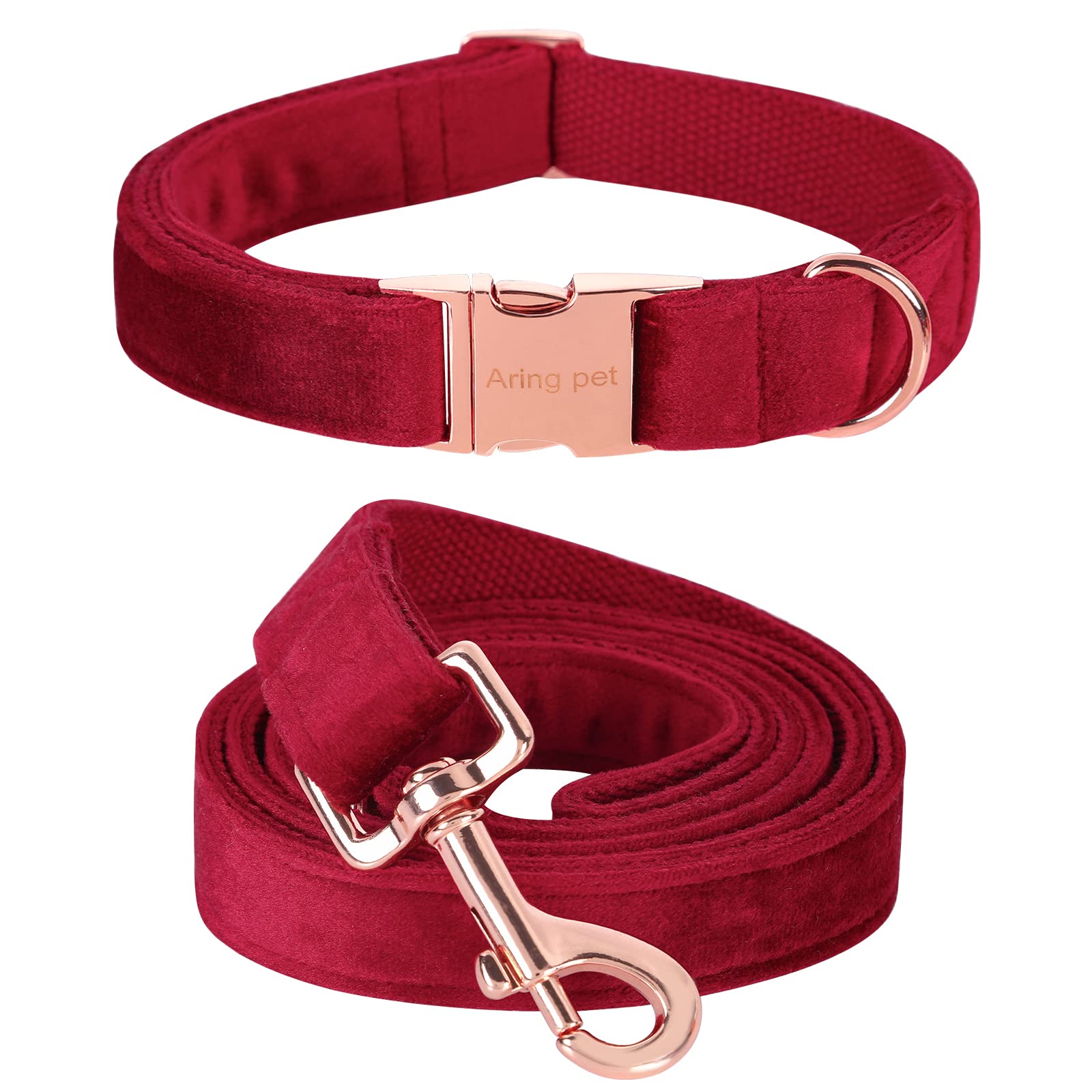 ARING PET Christmas Red Dog Collar and Lead, Velvet Collar and Leash Set, Comfortable Collar and Lead with Adjustable Metal Buckle for Boys&Girls Dogs, Medium