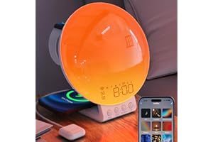 MOMILLA Smart Sunrise Alarm Clock - 3 in 1 Wireless Charging Station, Compatible with iPhone/Apple Watch/Airpods, Sunset Lamp White Noise Sound Machine, APP Control Wake up Light,Gift for Girls Kids