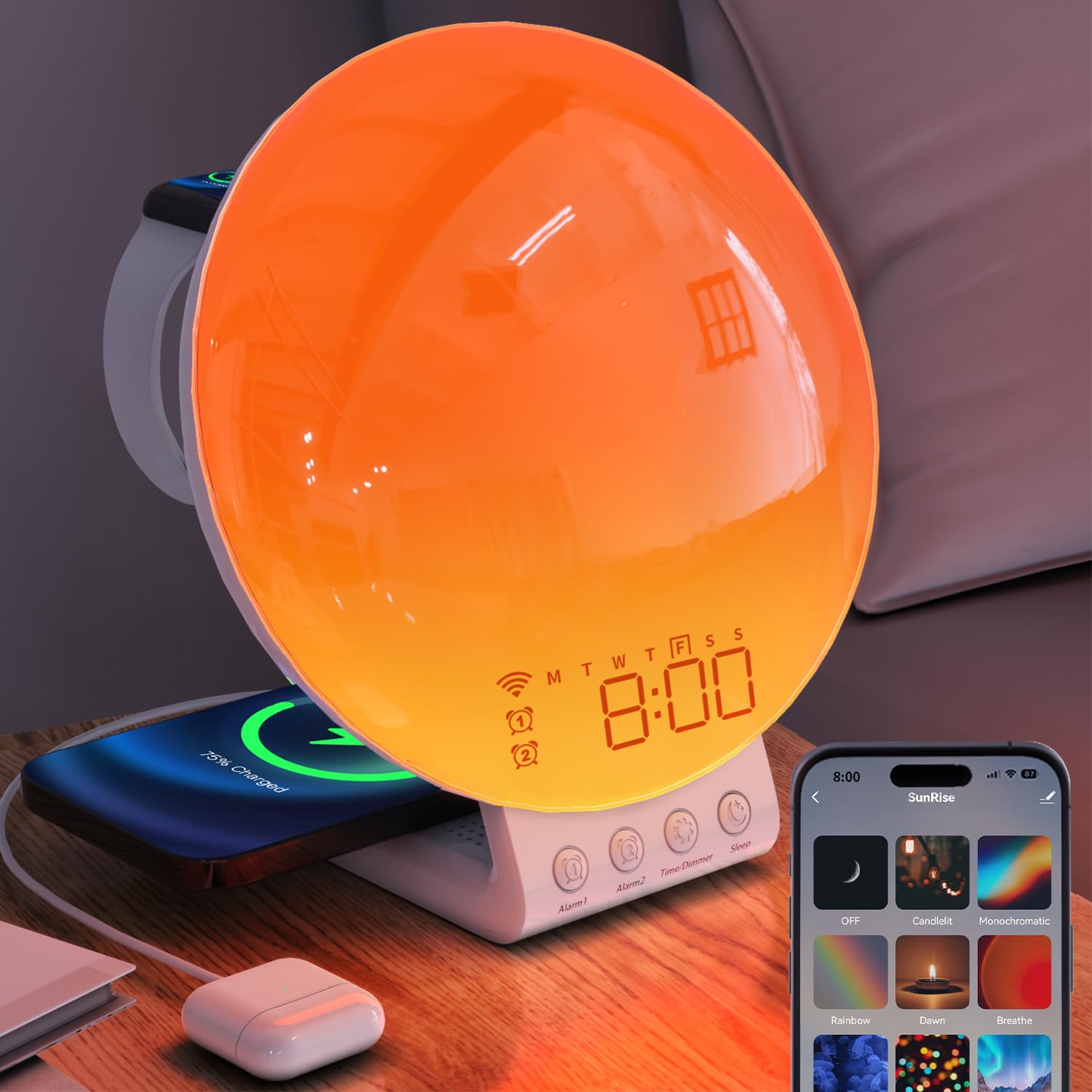 Photo 1 of MOMILLA Sunrise Alarm Clock Smart, 3 in 1 Wireless Charging Station, App Control Sound Machine White Noise, Sunlight Sunset Lamp, Night Light Wake up Light in Bedroom for Heavy Sleepers, Kids, Adults