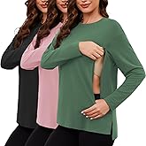 Ecavus Women's Nursing Tops Long Sleeve 3 Packs Hidden Zipper Nursing Shirts for Breastfeeding Side Split Maternity Clothes
