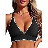ZAFUL Women's V Neck Bikini Tops Colorblock Push Up Swimsuit Top Lace Up Criss Cross Bathing Suit Tops