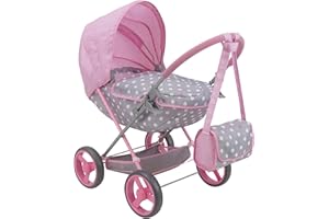 509 Crew: Cotton Candy Pink: Doll Deluxe Pram - Pink, Grey, Polka Dot - W/Matching Handbag, for Dolls Up to 18'', Removable Bassinet, Kids Ages 3+