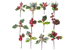 Grunyia 12 PCS Artificial Christmas Tree Picks Assorted Holly Picks Stems with Pinecones Holly Leaves for Floral Arrangement Winter Holiday Season Décor