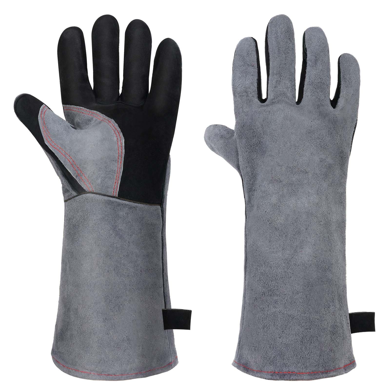 AUAUY Heat & Fire Resistant Gloves, Large Leather BBQ Gloves, Welding Gloves with Kevlar Stitching, Wear Resistant Heavy-Duty Protective Gloves for Grinding, Baking, Oven, Fireplace, Gardening-Grey