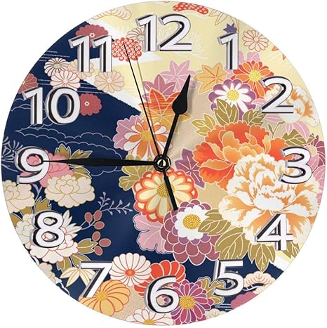 Amazon Co Jp 掛け時計 壁掛け時計 和風 和柄 着物 文様 伝統的 かけ時計 おしゃれ 耐久性 静音 音無し シンプル デザイン 連続秒針 電池式 直径25cm 寝室 部屋装飾 オフィス 丸形 時計 ホーム キッチン