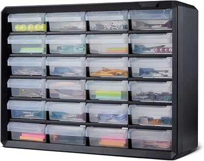 Cajonera Organizadora, 24 Compartimentos de Plástico con Divisores para Oficina/Manualidades/Herramientas, Montaje en Pared, 16 x 54,1 x 40,1 cm, Negro