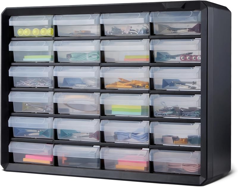 Unidade de gavetas organizadoras, 24 compartimentos de plástico com divisórias para escritório/trabalhos manuais/ferramentas, montagem de parede, 16 x 54,1 x 40,1 cm, preto