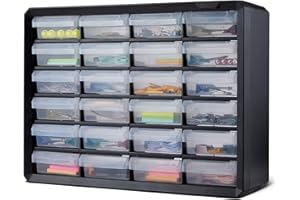 Amazon Basics Storage Cabinet, 24-Drawer Plastic Organizer with Dividers for Office/Craft/Tools, Wall Mountable, 6.3 x 21.3 x 15.8 inch, Black