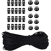 Jovpora 30pcs Plastic Cord Locks with 1/8-Inch 50ft Elastic Cord Heavy Stretch Round String, 10Pcs Sing-Hole, 10pcs Double-Hole Spring Toggle Stopper Slider (3mm-Black)