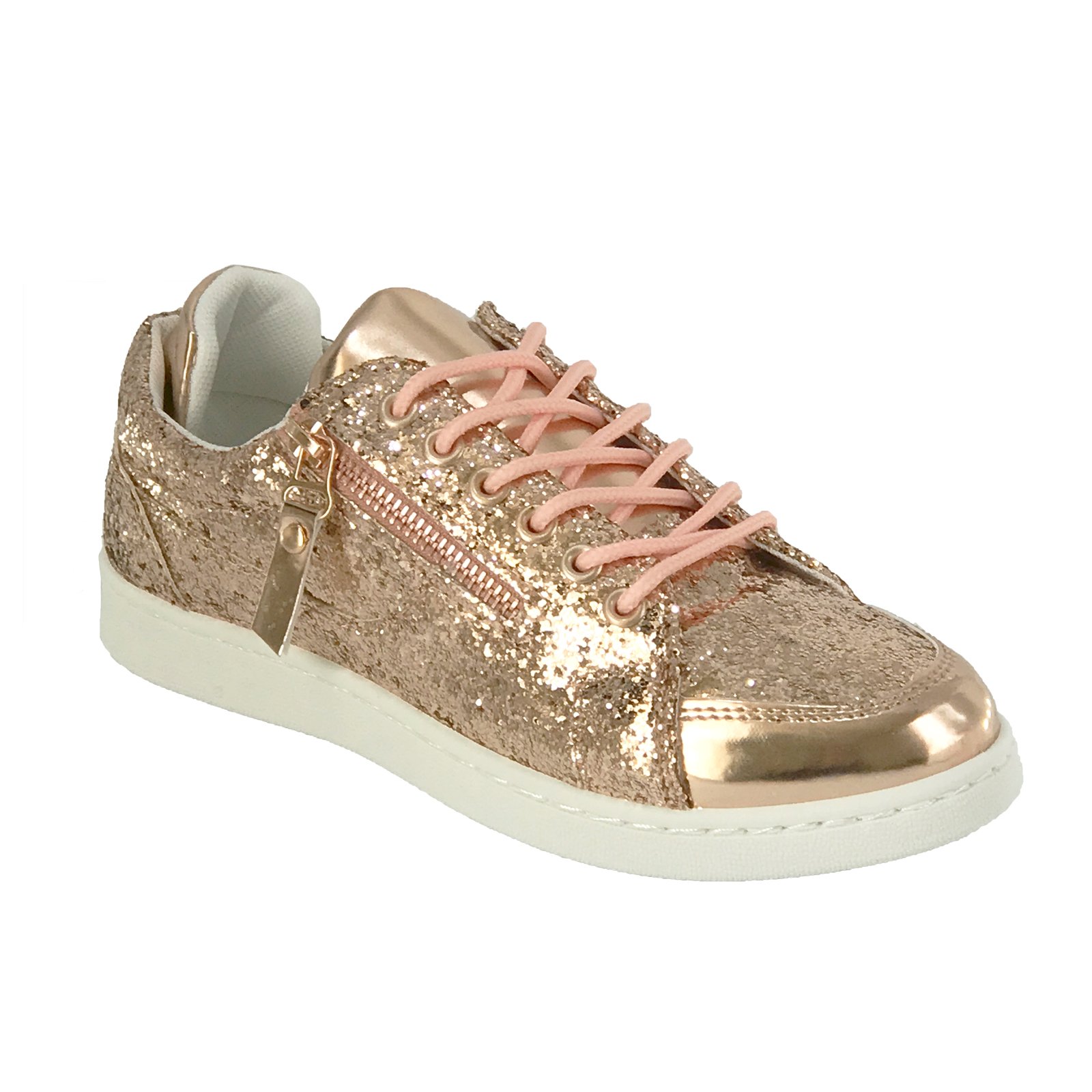 Women Fashion Light Weight Glitter Metallic Leatherette Quilted Lace Up Low Top Stylish Sneaker-49,Rosegold,5.5