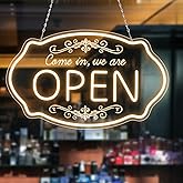 LED Neon Open Sign for Business, 16.5x10'' Come in We’re Open Sign, Warm White Adjustable Brightness Neon Lights for Party, Bar, Salon, Stores, Hotel, Wall Decor, Clubs, Hotels