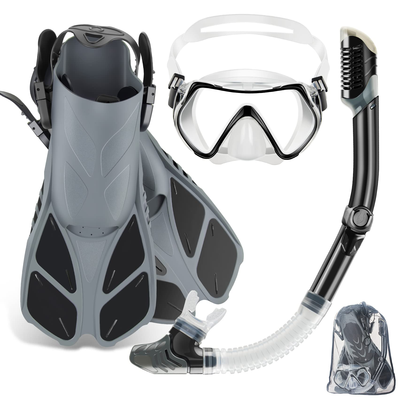 Photo 1 of ZEEPORTE Mask Fin Snorkel Set with Adult Snorkeling Gear, Panoramic View Diving Mask, Trek Fin, Dry Top Snorkel +Travel Bags, Snorkel for Lap Swimming