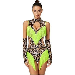 FEESHOW Women Leopard Tassel Latin Dance Costume | Leopard Printed,Tassels Leotard,Hollow Out Bodysuits,2 Pcs Latin Salsa Dan