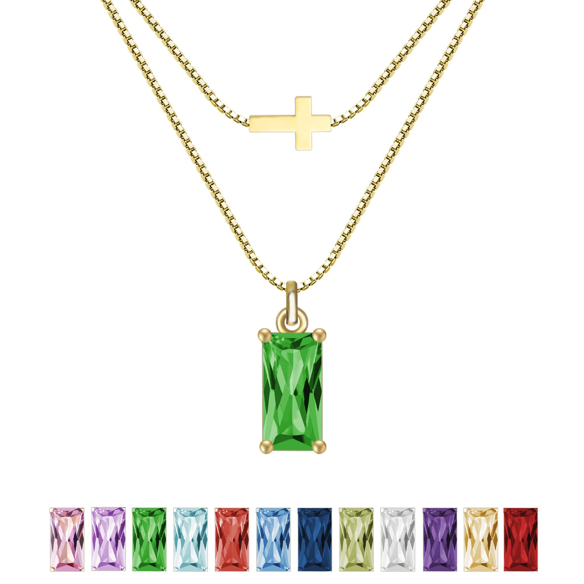 SILANER Emerald Birthstone Necklace for Women 14K Real Gold Plated Dainty Cross Pendant Cubic Zirconia Charm Chain Necklace Birthday Gifts for Women Jewelry