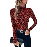 WDIRARA Women's Sheer Leopard Print Lettuce Trim Top Mock Neck Long Sleeve T Shirt Mesh Crop Tops