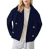 Korebow Womens Cropped Pea Coat Long Sleeve Notched Lapel Trench Overcoat Casual Double Breasted Jackets with Pockets