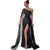 Sexy Cocktail Evening Gowns Dresses for Women Formal Sequin & Tulle Wedding Guest One Shoulder Bodycon Long Prom Dress