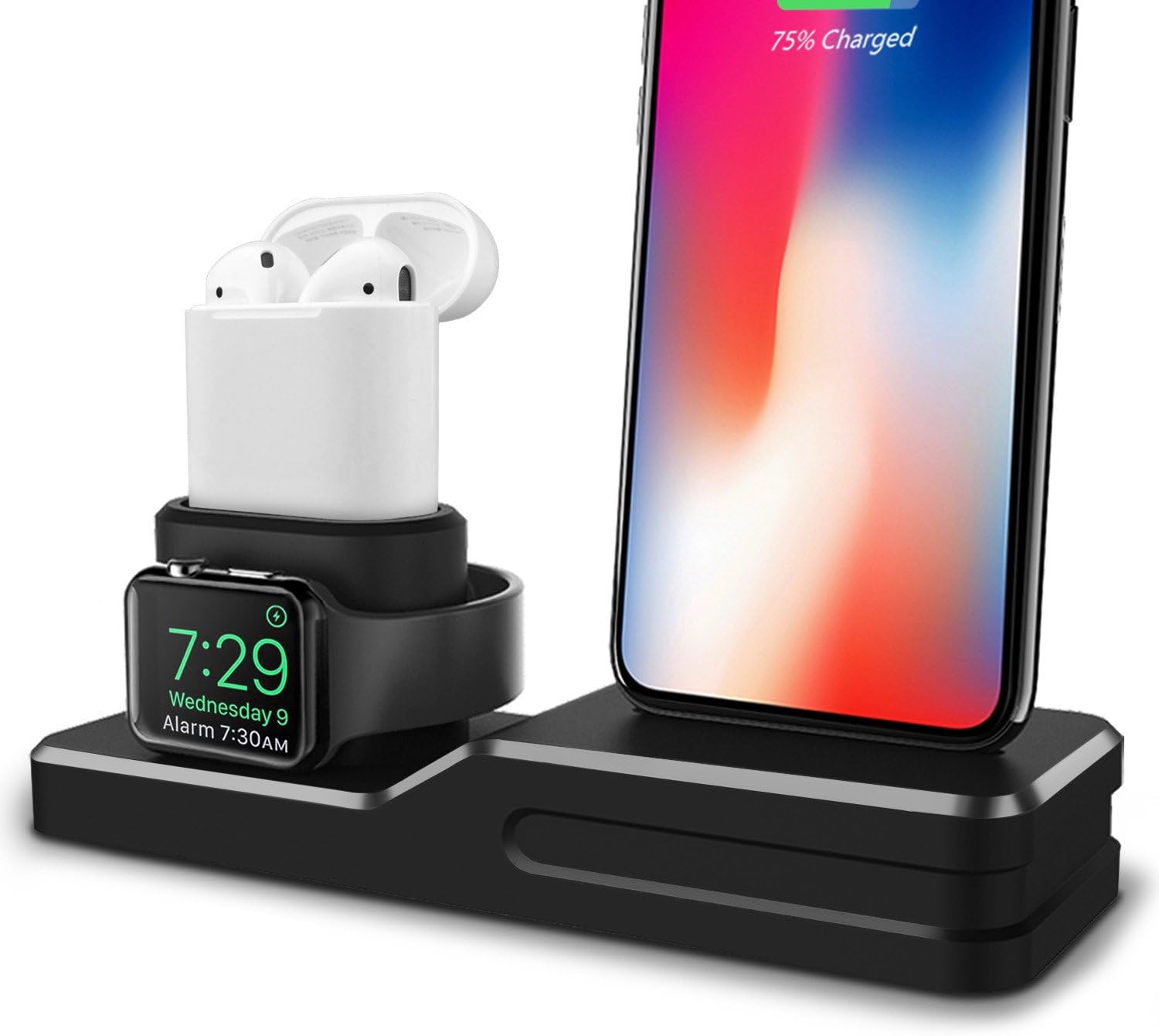 3 in 1 Premium Silicone Stand Compatible iPhone AirPods Apple Watch Charging Dock Station Holder, Compatible Apple Watch Series 4/3/2/1/AirPods, Compatible iPhone XS MAX/XR/X/8 Plus/7 Plus Black