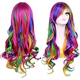 BERON 27.5" Women Girl's Long Curly Wavy Rainbow Wig for Halloween Anime Cosplay(Multi-color)