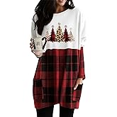 Womens Christmas Dress Long Sleeve Oversized Casual Plaid Sweatshirt Dress with Pockets