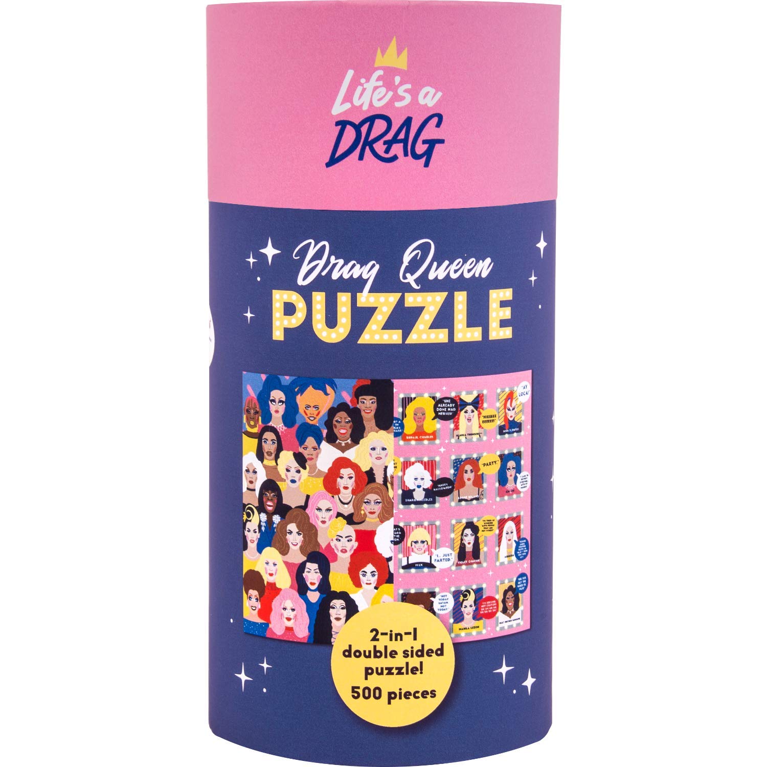 Life's a Drag! Drag Queen Novelty Jigsaw Puzzle. 500 Piece 2-in-1 Double Sided Drag Queen Icons Jigsaw Puzzle. Includes 48 uniquely drawn Drag Queen illustrations with Quotes on Reverse.