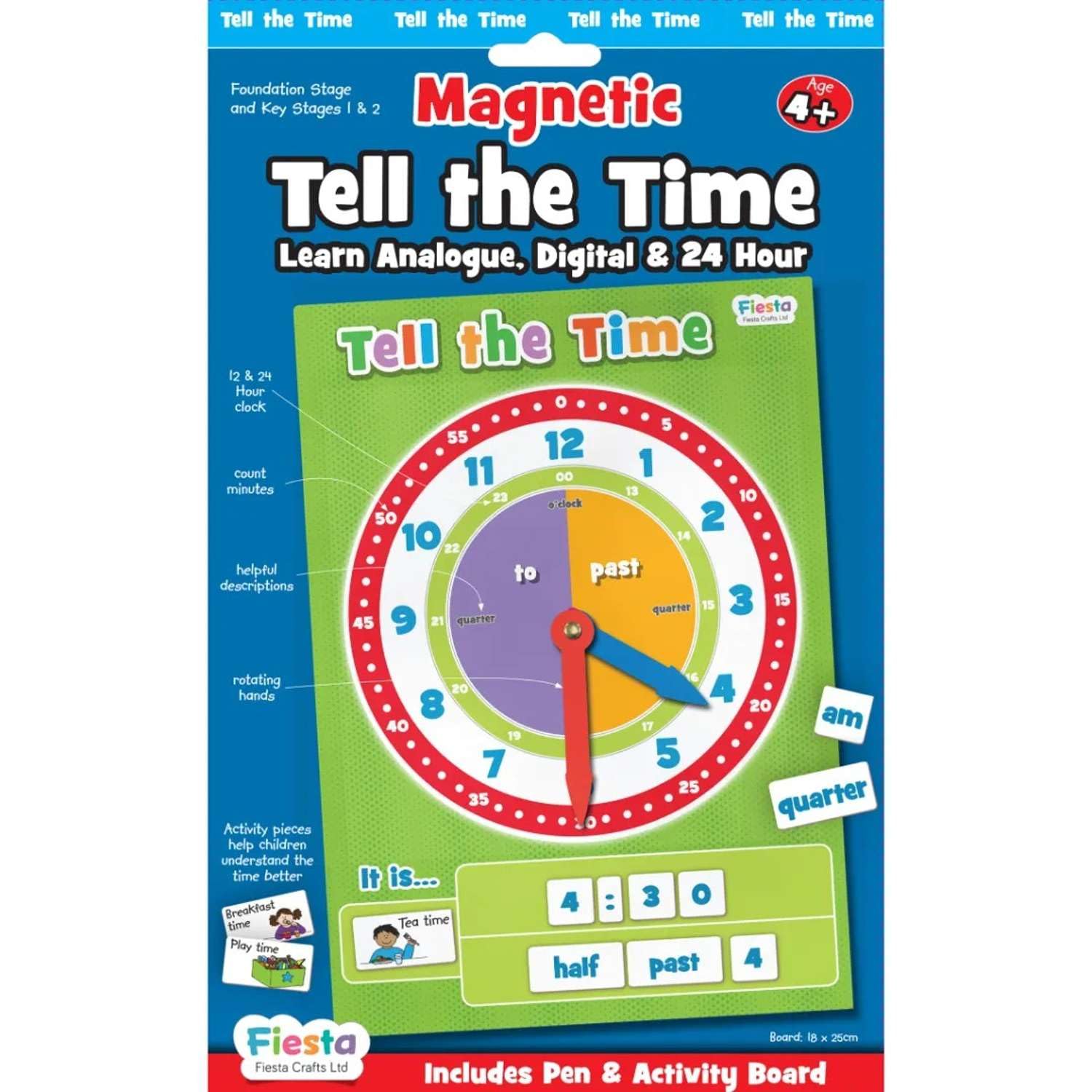 Tell the Time Learning Clock by Fiesta Crafts- Magnetic Kids Clock Set with 58 Magnets & Dry Wipe Marker - Teaching Clocks for Children & Educational Toys to Improve Early Time & Maths Skills