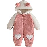 Fnaobai Newborn Baby Girl Bear Outfit Infant Winter Long Sleeve Fleece Jumpsuits Hooded Zipper Hoodies One Piece Snowsuit