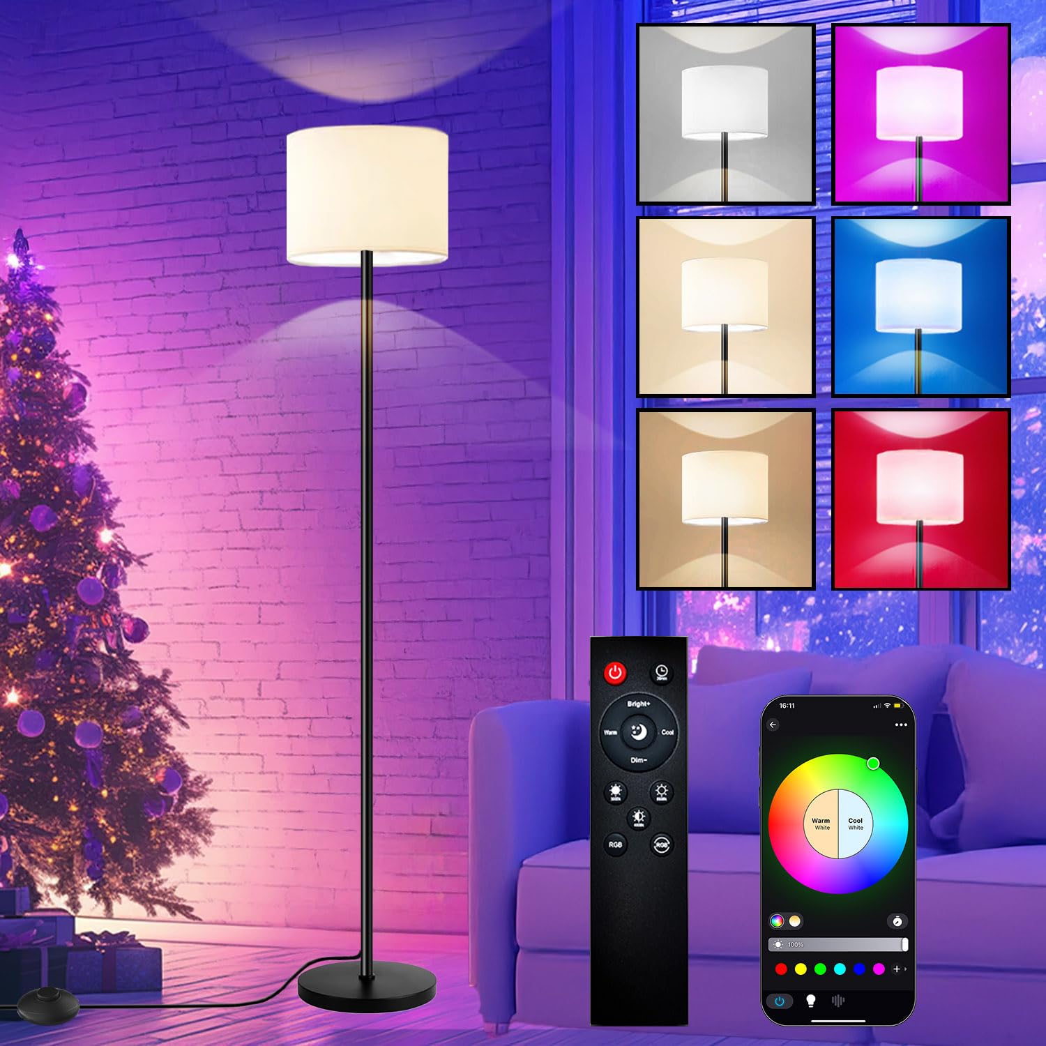 Photo 1 of Fuvqeyes Smart Floor Lamp with APP & Remote Control - Dimmable RGB & White Light (3000K-6500K) for Living Room, Bedroom, Office - Modern Standing Lamp with 9W LED Bulb Included