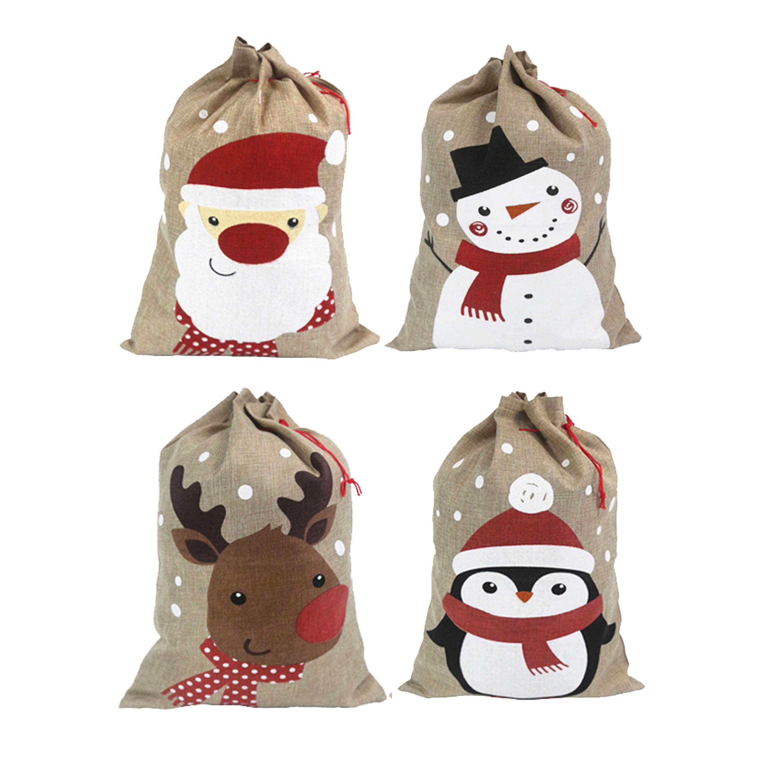 4 Pack Christmas Sacks. 13.8''x19.7'' (35x50cm) Medium Christmas Hessian Sacks. Xmas Burlap Linen Drawstring Goody Gift Bags. 4 Designs Santa Snowman Reindeer Penguin.