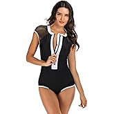 Yateen Womens Rash Guard Zip Front Sleeveless One Piece Swimsuit