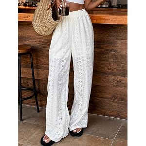 Womens Boho Pants Beach Cover Up Pants Crochet Wide Leg Trousers with Lined Shorts