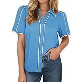 Tankaneo Womens Puff Short Sleeve Button Down Shirts Summer V Neck Color Block Tops Dressy Casual Blouse