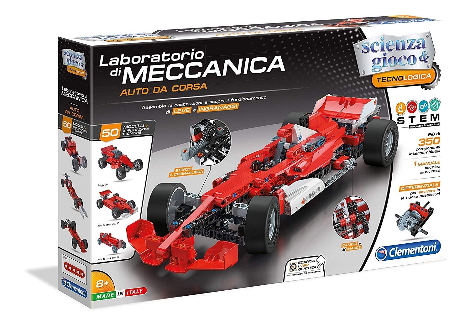 Clementoni Scienza e Gioco Build - Red Racing Car, Construction Kit for Children 8+ Years with Over 350 Interchangeable Components and 50 Models, Dedicated App, Made in Italy, Italian Language, 19038