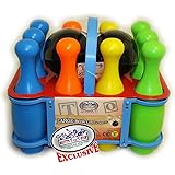 Matty's Toy Stop 10 Pin Multi-Color Deluxe Plastic Bowling Set for Kids with Storage Rack - 12 Pieces Total (10 Pins & 2 Bowling Balls)