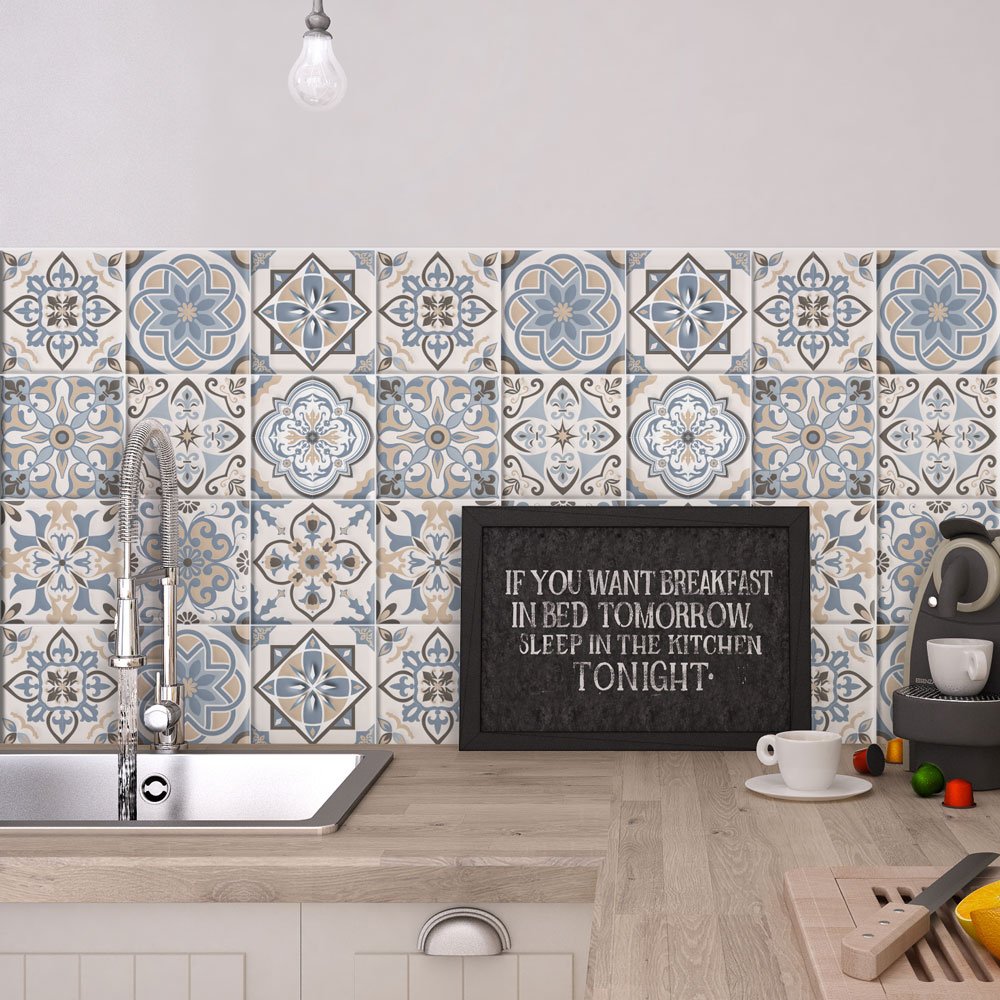 RE-COVERTILES - Tile Stickers for Bathroom and Kitchen 10 Pcs 20x20 cm - PS00023 Wall Decoration in Waterproof PVC Mosaic Tiles Style Azulejos Cement Tiles