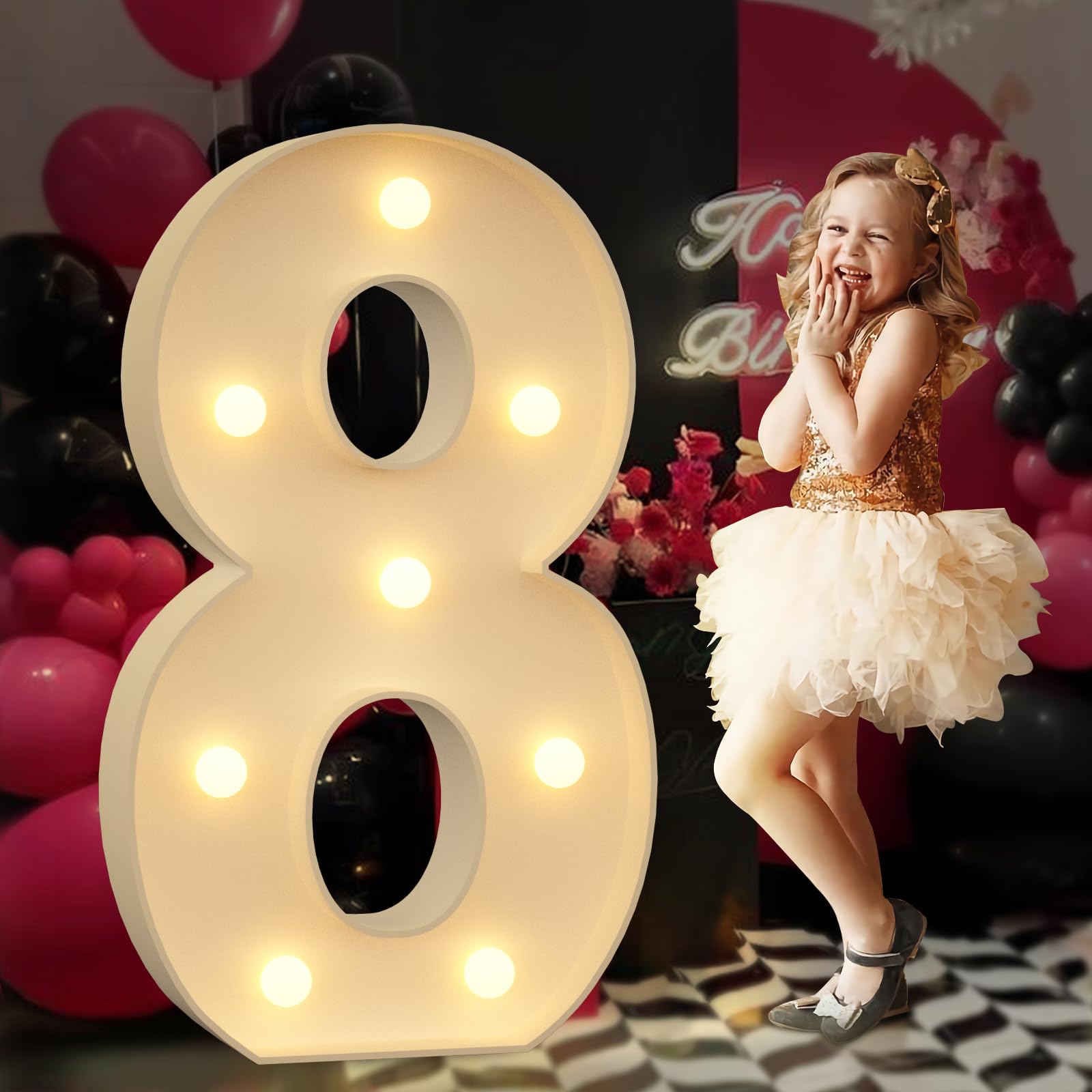 Photo 1 of Tongjoy Light up Numbers 8, 3FT Giant Marquee Numbers for 18th 80th Birthday Decoration, Large Light Up Numbers for Anniversary Party Decor, Pre-Cut Foamboad Mosaic Numbers