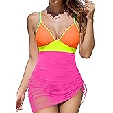 popvil Swim Dress Suits for Women 2025 One Piece Swimsuit Women Tummy Control Sexy Mesh Tie Back Bathing Suit Skirt